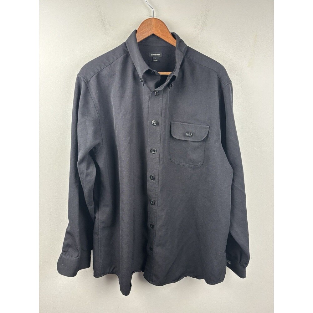 J Peterman Shirt Mens Large Solid Black Long Sleeve 100% Wool Button Down